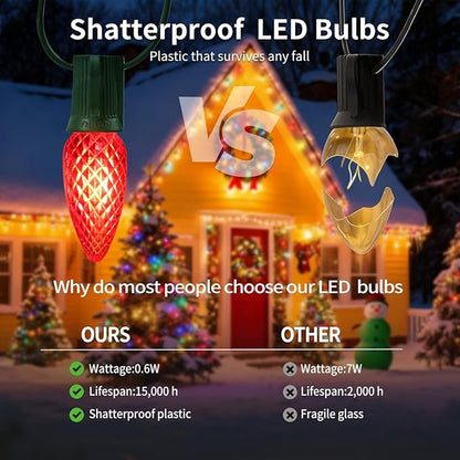 C9 LED Christmas Lights Outdoor 50FT with 50 Pcs(+2 Spare) C9 E17 Base Color Holiday Decor Bulbs for Indoor & Outdoor Use, Connectable, Weatherproof for Roof Decoration.