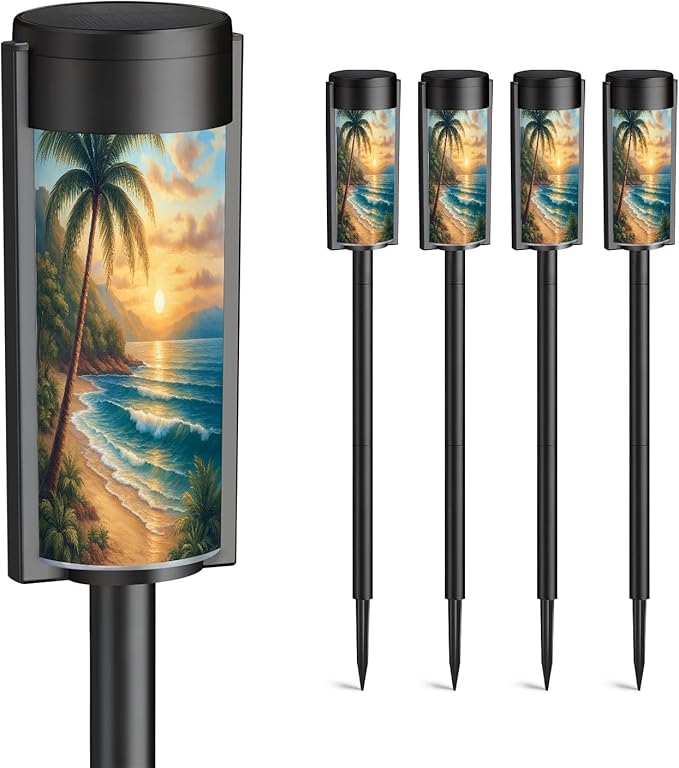 4 Pack Solar Pathway Lights Outdoor Waterproof Seascape Tropical Palm Tree Beach Blue Ocean Sea Wave Scenery Waves Solar Garden Lights LED Landscape Lighting for Yard Walkway Lawn Garden Decor