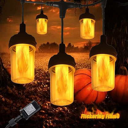 Flickering Flame String Lights for Halloween Decor Outdoor, 23Ft LED for Outside, Plug-in Garden, Connectable Backyard 10 Lantern & Hooks Decorative Cafe Bistro Patio