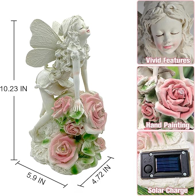 Solar Garden Statues Lights, Flower Fairy Figurine Lights Landscape Light, Resin Angel Figurines for Art Decor, Outdoor Lawn Decor Gifts Garden Figurine for Yard Lawn Patio Balcony (Flower Fairy)