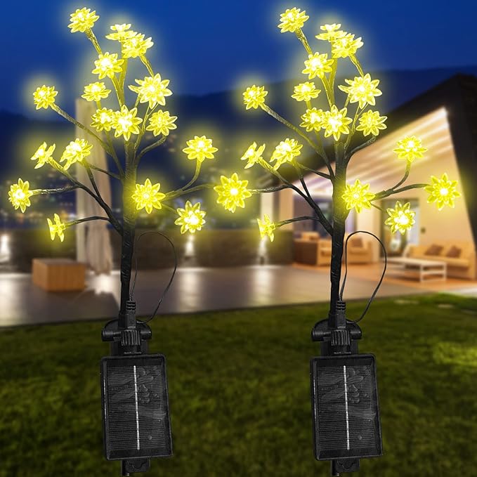OriginalSourcing Solar Outdoor Lights - Waterproof Landscape Decor with Adjustable Flower Tree Stems for Garden, Patio, Pathway (Yellow, 2 Pack)