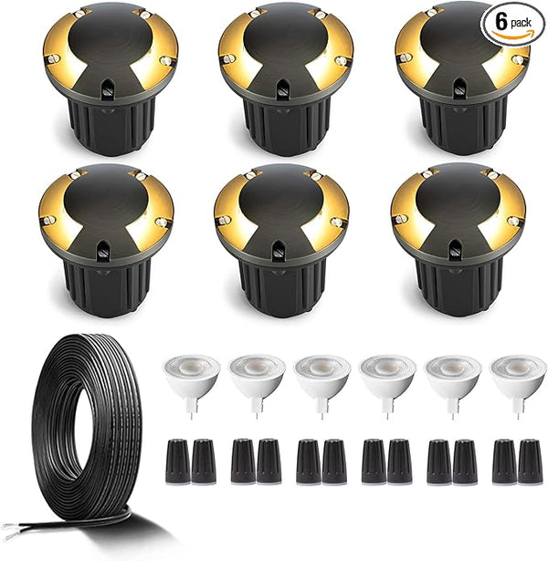 Gardenreet Brass In Ground Landscape Lighting Low Voltage Kit(6 Pack) with MR16 Bulb & 100Feet Wire & Connectors | Lumora