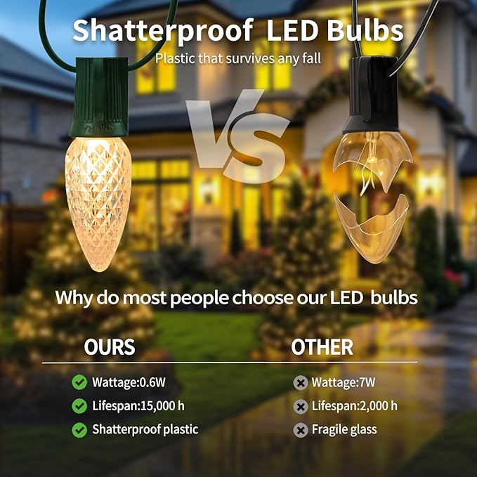 25FT C9 Christmas String Lights Outdoor, 25+1 LED Strawberry Christmas Lights on Connectable Green Wire, 2700K Warm | Lumora