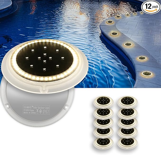 Solar Dock Lights, Crazy 48 LEDs Super Bright Disc Driveway Light, Outdoor Waterproof Flat Low Profile, Anti-Trip & Anti-Slip for Marine, Ground, Pool, Pier, Deck (Warm White, 12Pack)