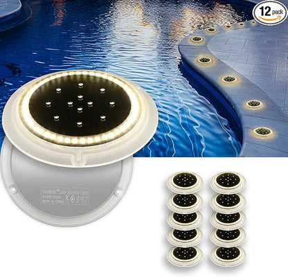 Solar Dock Lights, Crazy 48 LEDs Super Bright Disc Driveway Light, Outdoor Waterproof Flat Low Profile, Anti-Trip & Anti-Slip for Marine, Ground, Pool, Pier, Deck (Warm White, 12Pack)