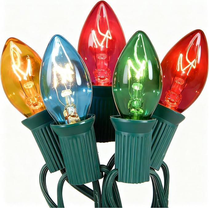 C7 Christmas Lights, 25Ft Outdoor Vintage Christmas String Lights with 27 Clear Multicolor Incandescent Bulbs (2 Spare), Hanging Roofline Lights for Holiday Garden Patio Backyard Christmas Tree Decor
