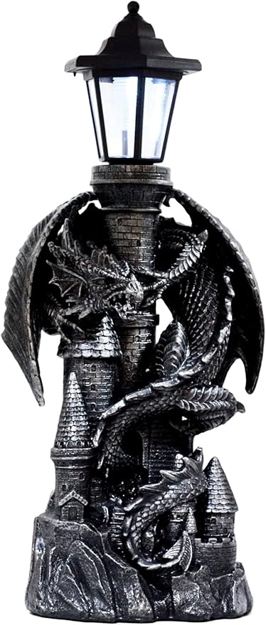 Ebros Gift Mystical Rocky Cliff Top Castle Dungeon Guardian Dragon Solar LED Light Lantern Statue Path Lighter Patio Lighter