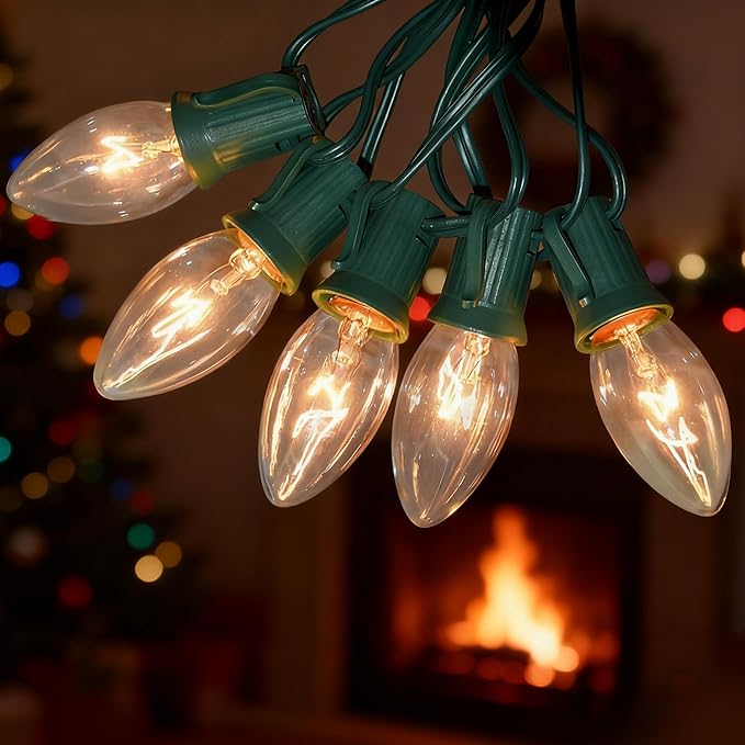 25Ft C9 Clear Valentine's Day Lights Outdoor, Vintage String Lights with 26 C9 Warm White Bulbs, Hanging Incandescent Christmas Decorations Lights for Patio Roofline Christmas Tree Garden Pathway