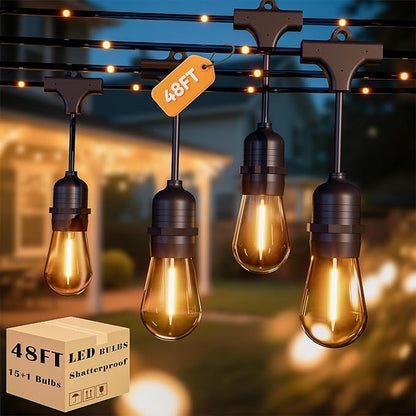 48ft Dimmable Patio Lights with 15+1 S14 Retro Edison Bulbs & 144 Fairy Rope and LED Patio Lights with 52（50+2 Spare ST38 Shatterproof Bulbs