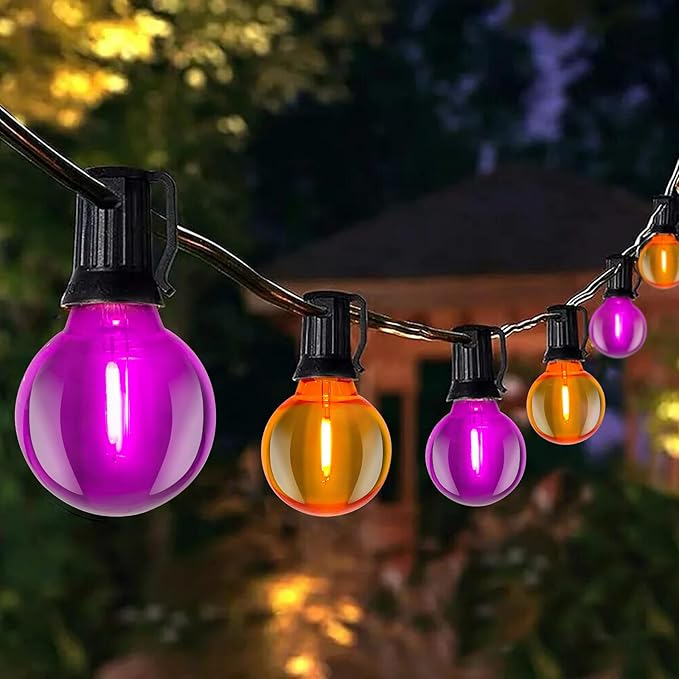 25FT G40 LED Outdoor Halloween String Lights, Orange and Purple Halloween Decorations Lights with 27 Shatterproof Globe Bulbs(2 Spare), Hanging Patio Lights for Holiday Balcony Backyard Party Garden