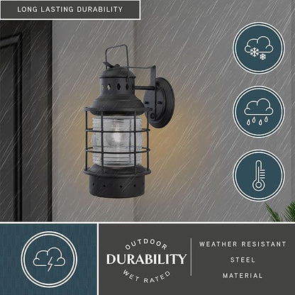 VAXCEL Hyannis 18 in. H 1-Light Textured Black Coastal Outdoor Wall Sconce Made of Durable Steel, Clear Ribbed Glass Shade, LED Compatible, Use for Exterior Porch Patio Front Door or Garage