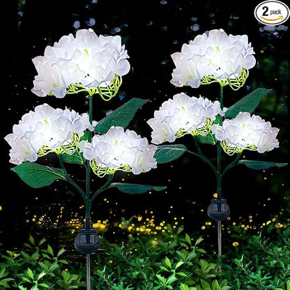 Aolyty Solar Garden Lights Outdoor, Solar Hydrangea Lights IP65 Waterproof LED Flowers Stake Lights 2 Pack for Garden Pathway Patio Backyard Landscape Decorative (White)