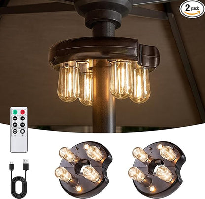 Patio Umbrella Light with Remote Control, Rechargeable Cordless LED Edison Bulbs Pole Light with 10 Brightness Levels for Garden, Patio, Backyard, Camping or BBQ - Brown (2 Pack)