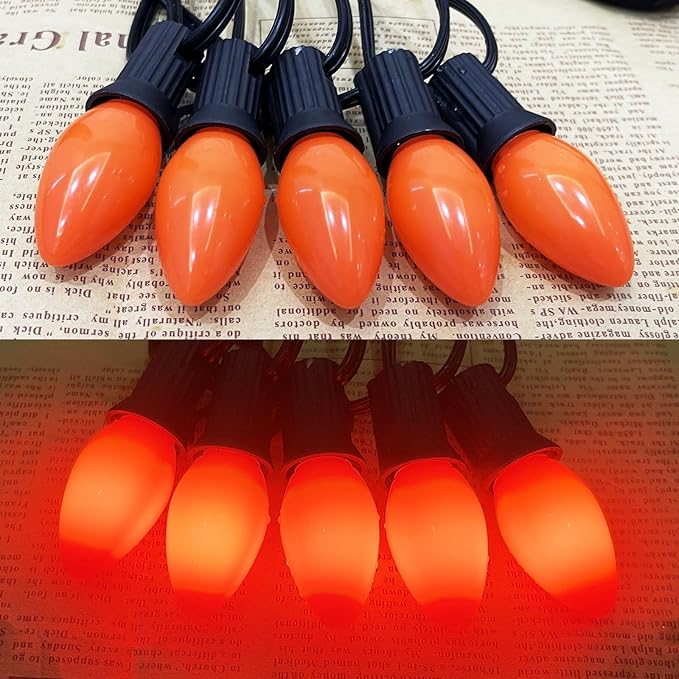Abeja C7 Orange LED String Lights 25Ft Outdoor Orange String Lights with 27 Ceramic Orange Bulbs (2 Spare), Hanging Halloween Decorations Lights for Home Yard Camper Party Lights