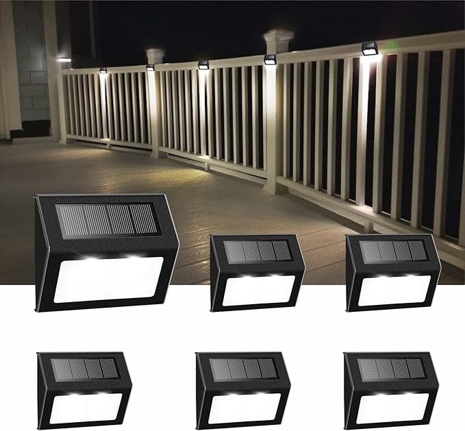 Solar Fence Lights Outdoor, Waterproof Deck Pathway Yard Lamp, Stainless Steel,6 Pack,Black Metal case, White Light