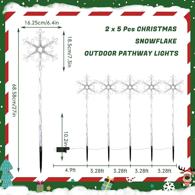 Retisee 10 Pack Snowflake Christmas Lights for Pathway Markers Lights Outdoor 27'' Peppermint Snowflake Pathway Decorations with Bows for Holiday Yard Lawn Walkway(Colorful)