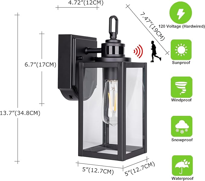 GRUENLICH Dusk to Dawn Outdoor Wall Lantern, PIR Motion Sensor Wall Sconce, E26 Base Max 60W, Metal Housing Plus Glass, Matte Black Finish, Bulb Not Included, 2-Pack