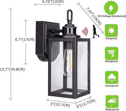 GRUENLICH Dusk to Dawn Outdoor Wall Lantern, PIR Motion Sensor Wall Sconce, E26 Base Max 60W, Metal Housing Plus Glass, Matte Black Finish, Bulb Not Included, 2-Pack