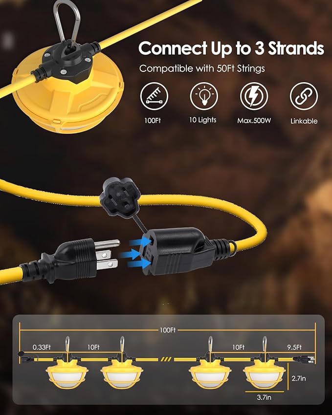 100FT LED Construction String Lights - 3 Prong, 130W 16000LM Plug in Linkable String Work Lights, 5000K | Lumora