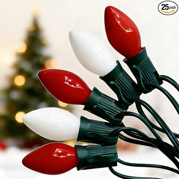 C7 Red/White Incandescent Christmas Lights, 25Ft Valentine's Day Lights with 27 Red/White C7 Ceramic Bulbs,for | Lumora
