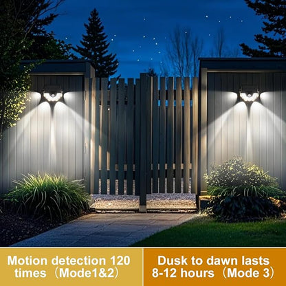 2-in-1 Solar Fence Lights, 270° Wide-Angle Illumination, Motion Sensor Outdoor Lights, 3 Modes, 54 LEDs White Light & 4 LEDs Warm Light, Dusk to Dawn Step Light for Yard, Pathway, Porch, 6 Pack