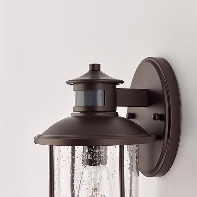 MICSIU Motion Sensor Outdoor Wall Light, 11.5 Inch Oil Rubbed Bronze Exterior Light Fixture with Seedy Glass, 3 Modes Dusk to Dawn Outdoor Wall Sconce for House, Front Porch, Garage, Anti-Rust