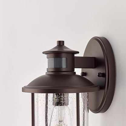 MICSIU Motion Sensor Outdoor Wall Light, 11.5 Inch Oil Rubbed Bronze Exterior Light Fixture with Seedy Glass, 3 Modes Dusk to Dawn Outdoor Wall Sconce for House, Front Porch, Garage, Anti-Rust