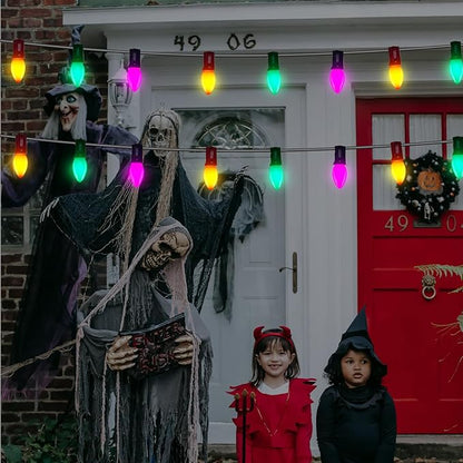 C7 LED Halloween Lights, 25FT Halloween C7 String Lights with 27 Orange Green and Purple LED Bulbs, Hanging Halloween Decoration Lights for Outdoor Indoor Patio Home Party Garden Yard-Black Wire