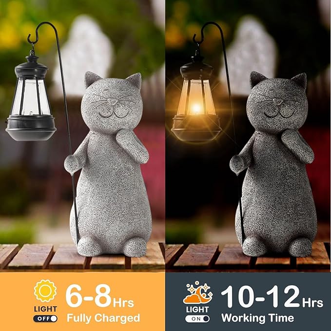 Garden Decor Solar Statue Lights, Outdoor Statues Cat with Solar Lantern, Resin Cats Figurine for Patio Lawn Front Porch Yard Decoration - Housewarming Birthday Gifts for Mom Grandma Women