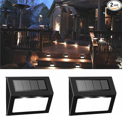 Solar Fence Lights Outdoor, Waterproof Deck Pathway Yard Lamp, Stainless Steel, 2 Pack, Black Metal case, White Light