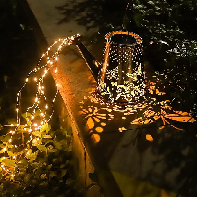 Solar Watering Can Lights Outdoor Garden, LED Butterfly Fairy Light Hanging Waterproof Butterfly Pattern Design,Decorative Retro Shower Lights for Garden Table Patio Yard Pathway Walkway(with Bracket)
