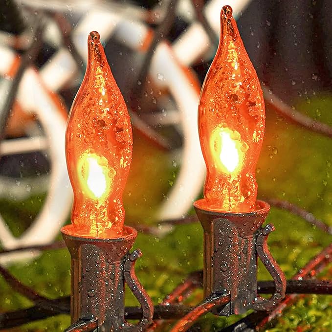C18 Flickering Flame String Lights, 10Ft Halloween Decorations String Lights with 10 Flickering Flame Bulbs for Outdoor Garden Yard Home Halloween Party, Clear Orange- Black Wire
