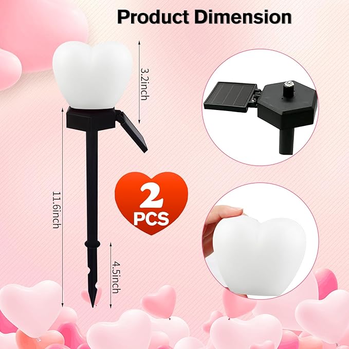 Valentines Day White Heart Solar Lights Outdoor, 2Pcs Waterproof Valentines Day Solar Garden Light LED Heart Lights Wedding Decorations for Yard Walkway Outside (White)