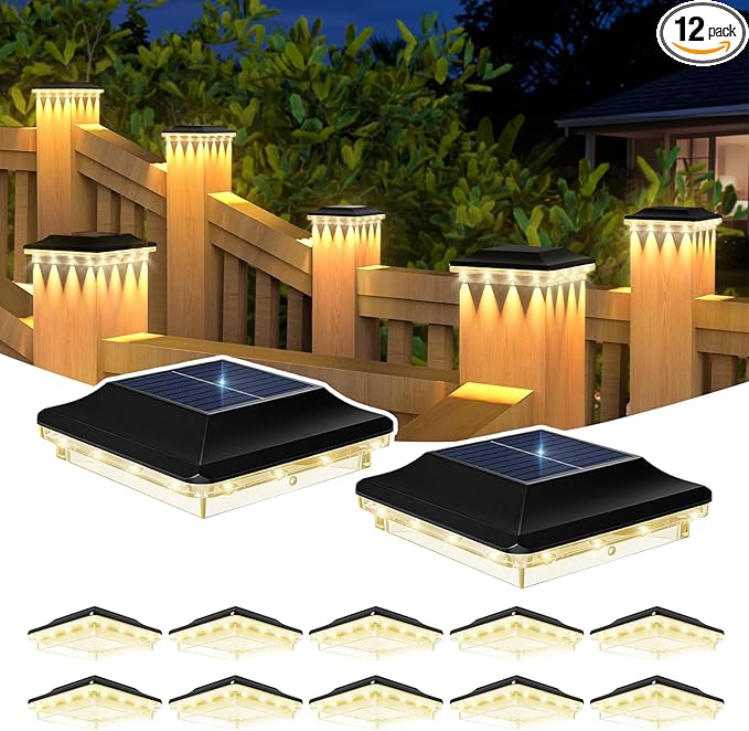 4x4 Solar Post Cap Lights Outdoor, Black Deck Post Light Solar Powered for 3.5x3.5 Vinyl/Wooden Post, Waterproof 3 Modes(Warm/Cool Light) Solar Fence Light for Garden, Patio, Porch 12pack