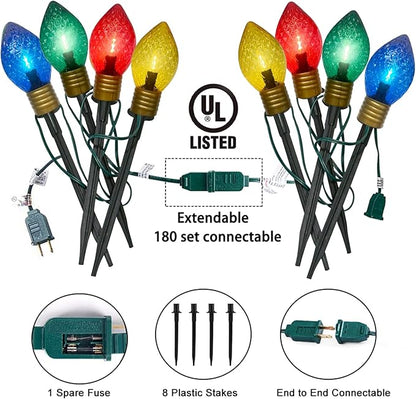 Jumbo C9 Christmas Pathway Lights Outdoor, 2 Pack Total 14Ft 8 LED C9 Giant Multicolor Christmas Walkway Lights, Connectable Outdoor Xmas Decorations Stakes Lights for Lawn Yard Garden Holiday
