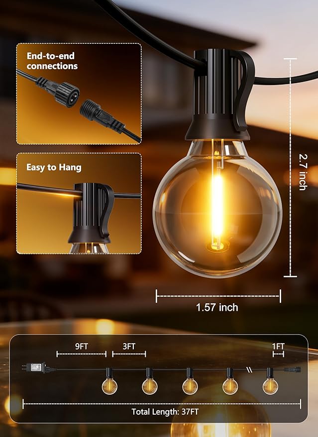 Brightown Outdoor String Lights, 37FT Shatterproof LED Patio Lights with 11 Dimmable Plastic G40 Bulbs, 2700K | Lumora