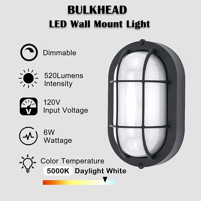 Outdoor LED Bulkhead Light Worked as Outdoor Flush Mount Ceiling Light, Wall Lantern, 6W 520Lumens 5000K Daylight, Dimmable, Aluminum Housing, Black 2 Pack