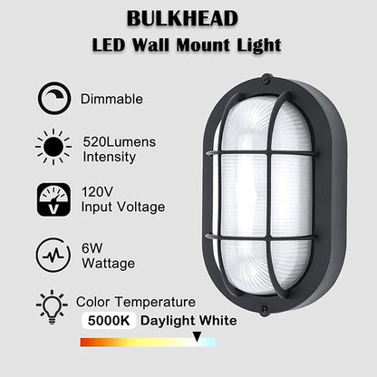 Outdoor LED Bulkhead Light Worked as Outdoor Flush Mount Ceiling Light, Wall Lantern, 6W 520Lumens 5000K Daylight, Dimmable, Aluminum Housing, Black 2 Pack