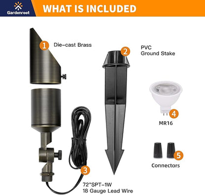 Gardenreet Die-Cast Brass Spot Light LED - Outdoor 12V Uplighting Waterproof, Low Voltage Landscape Lights Metal, Bronze for Fence Fountain with Warm White MR16 Replaceable Bulbs (12 Pack)