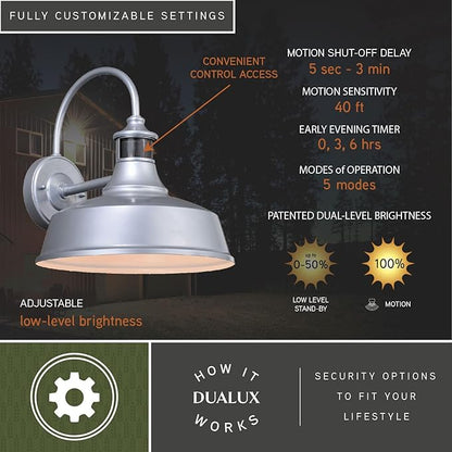 VAXCEL Dorado Outdoor Steel Wall Light with Motion Sensor, 12" W x 12.25" H Rustic Farmhouse Gooseneck Wall Sconce for Porch, Patio, Deck, or Front Door, Silver