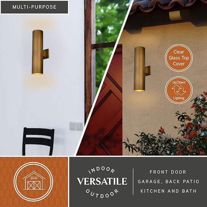 VAXCEL Chiasso 20 in. H 2-Light Warm Brass Outdoor Wall Sconce Made of Rust-Resistant Aluminum, Gold Metal Shade, Up-Down Wall Wash, LED Compatible, Use for Exterior Porch Patio Front Door or Garage