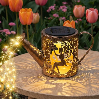 Solar Watering Can Light with Bunny Silhouette Stake & Fairy Design - Cascading LED String Light for Garden Yard Patio Decor, IP65 Waterproof Outdoor Gift for Mom, Women, Birthday, Housewarming
