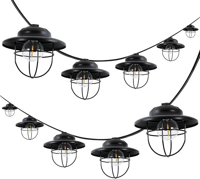 JONATHAN Y JYL8703A-SET2 Indoor Outdoor Rustic Farmhouse LED G40 Metal Cage Shade String Lights Garden Patio Backyard Porch Balcony, 10 ft. 10-Light, Black, Set of 2