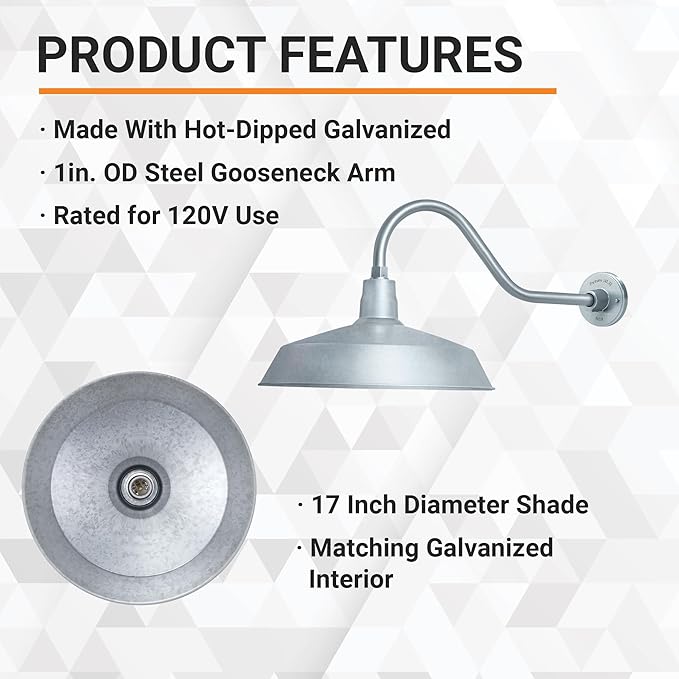 17in. Galvanized Finish Outdoor Gooseneck Barn Light Fixture with 22in. Long Extension Arm - Wall Sconce Farmhouse | Lumora