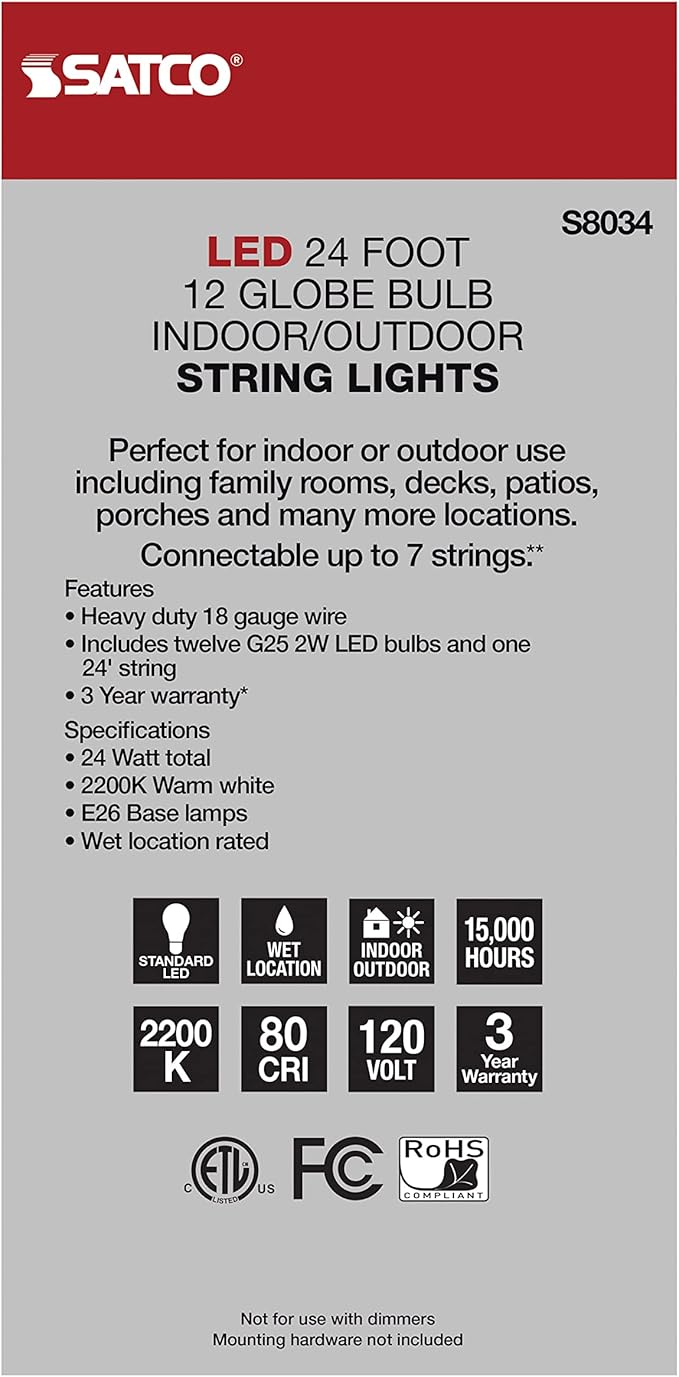 Satco S8034 LED Indoor/Outdoor String Lights, Black, G25 Bulbs, 24 Feet (Pack of 1)