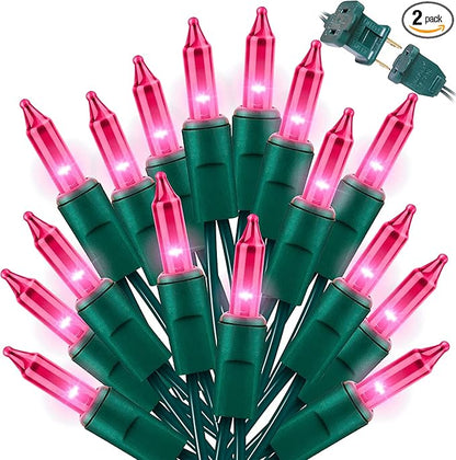 LAMPHOME 200L(100L*2pcs) Mini Lights, Green Wire,Pink