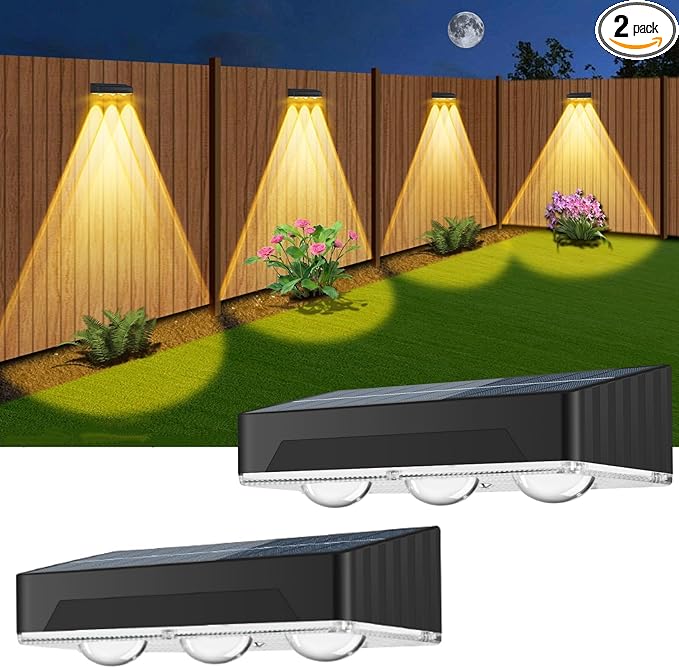 Solar Fence Lights Outdoor 2 Pack Waterproof High Brightness Upgraded 3 LED Lens Solor Deck Lights Warm & Cool White RGB 10 Colors Outside Solar Powered Wall Light for Backyard Patio Step Railing