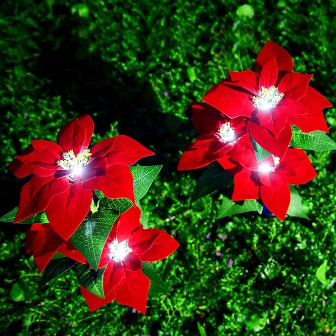 Firlar 2Pcs Solar Poinsettia Garden Lights,Christmas Poinsettia Stake Lights Solar Red Rose Lights,Waterproof Outdoor Xmas Holiday Flower Landscape Light for Yard Pathway Patio Decor