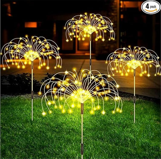 4 Pack Outdoor Solar Lights, Solar Garden Lights Bigger Firework Fairy Lights, Waterproof Outdoor Lights - Bigger Solar Panel for Garden Patio Yard Pathway (Fireworks Light-Warm)