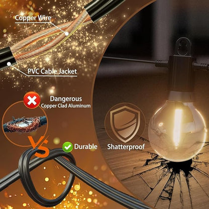 Outdoor String Lights 50ft,Led Patio Globe Lights with 27pcs Plastic Bulbs,Waterproof,Shatterproof,G40 Outdoor String Lights,34 Connectable Hanging for Backyard, Bistro, Porch, Deck, Balcony,Tent